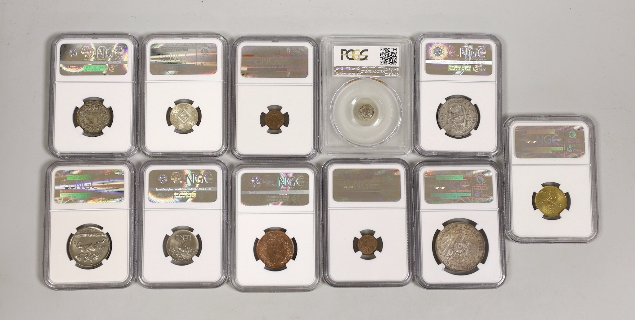 Europe coins, in NGC and PCGS graded slabs, including Hungary, Stephen II, 1116-1131AD, AR denar, German States, Saxony 3 marks 1911E, Switzerland 1 franc 1899B, Albania 1 lek and 1/4 lek, both 1926R, scarce in this grad